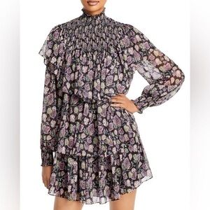 cinq a sept Black Mini Dress with Purple and Green Floral Print